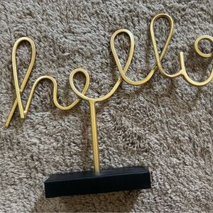 Gold 'Hello' Wire Sculpture with Black Base Measures